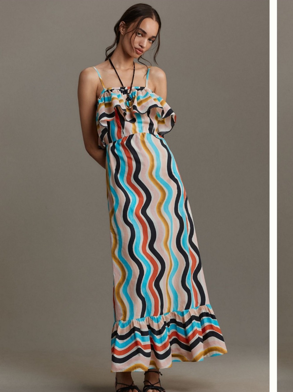 FARM Rio Multi Wavy-Stripe Maxi Sleeveless Ruffle Dress